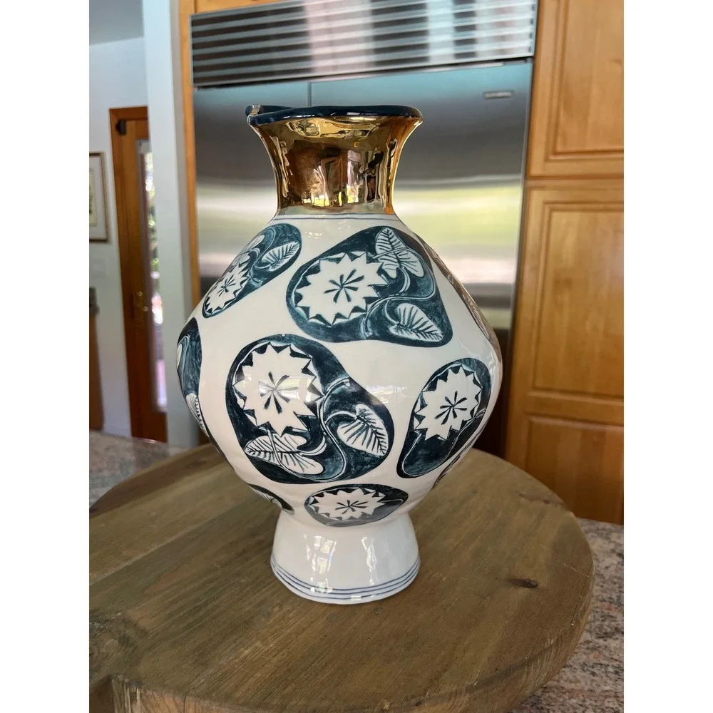 Ruan Hoffmann Anthropologie Dreambirds Wide Vase Navy Gold 14